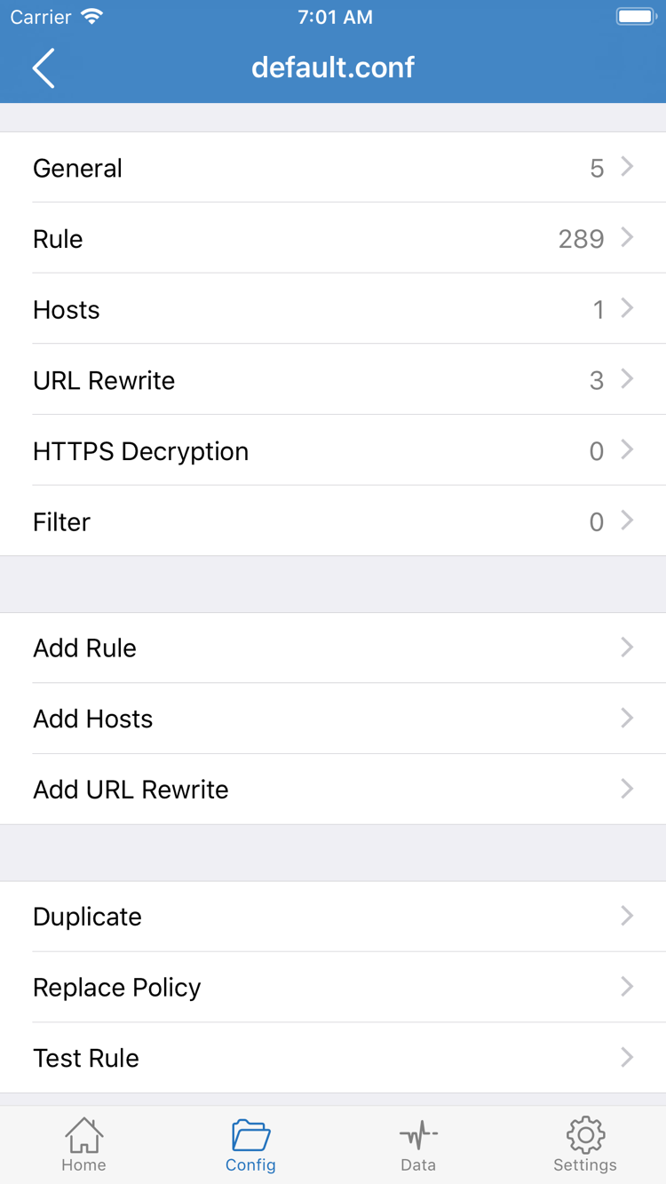 Official Shadowrocket Config editor screen showing General, Rule, Hosts, URL Rewrite, HTTPS Decryption, and Add Rule