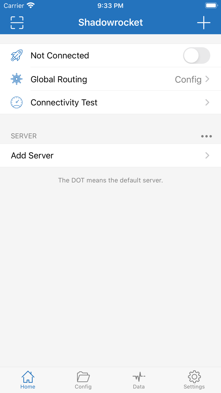 Official Shadowrocket Home screen showing the Not Connected switch, Global Routing, Connectivity Test, SERVER group, and Add Server